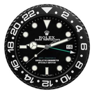 Rolex wall clock featuring GMT-Master II watch design, with black dial, white circular hour markers, Mercedes hands, and black 24-hour bezel.