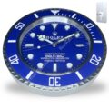 rolex wall clock designed to resemble a blue Submariner watch face with luminous markers and silver trim