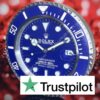Close-up of a blue Rolex Submariner watch face showing the date as 14, with a blurred red background and a Trustpilot logo overlay at the bottom.