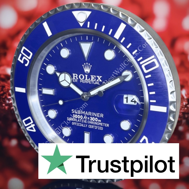 Close-up of a blue Rolex Submariner watch face showing the date as 14, with a blurred red background and a Trustpilot logo overlay at the bottom.