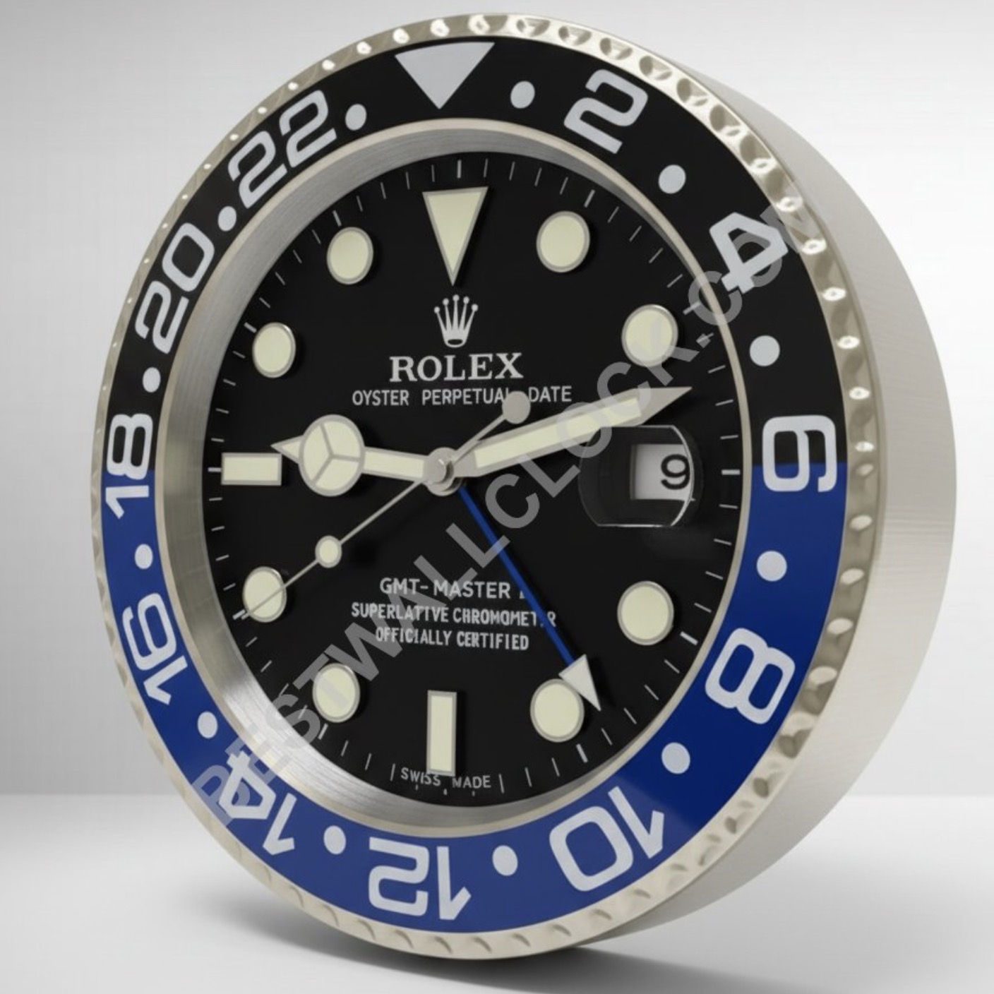 Rolex GMT-Master II Stil – dealer display Wanduhr 34cm („Batman“ Blau/Schwarz)