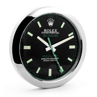 Rolex Milgauss wall clock with a black dial, green accents, luminous markers, lime-green lightning bolt seconds hand, and stainless steel case.
