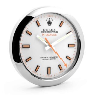 Rolex Milgauss wall clock featuring white dial, orange lightning bolt seconds hand, bright orange markers, precision-crafted clock hands, and stainless steel bezel.