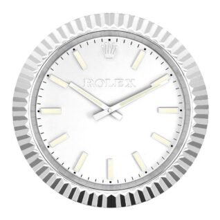 Close-up of a silver Rolex watch face with stick hour markers and hands, showing the time as approximately 10:10.
