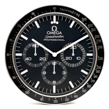 Omega Speedmaster Professional-inspired wall clock with tachymetre scale and sub-dials.