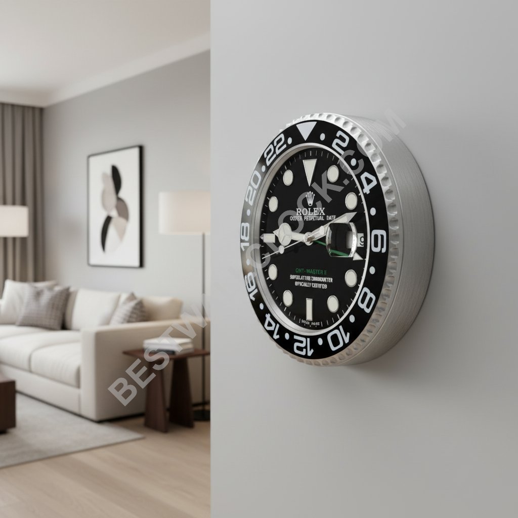 Rolex GMT-Master II -tyylinen – Dealer Display seinäkello 34 cm (hopea & musta / vihreä) - Image 13