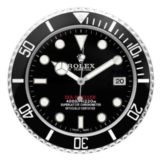 Rolex Sea-Dweller-inspired wall clock with black dial, white markers, decorative bezel, cyclops date window, and luminous hands for visibility.