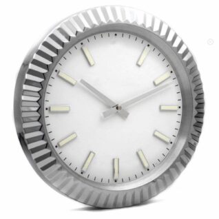 Rolex Oyster Datejust wall clock featuring a white dial, luminous baton markers, silver hands, fluted decorative bezel, and a minimalist design.