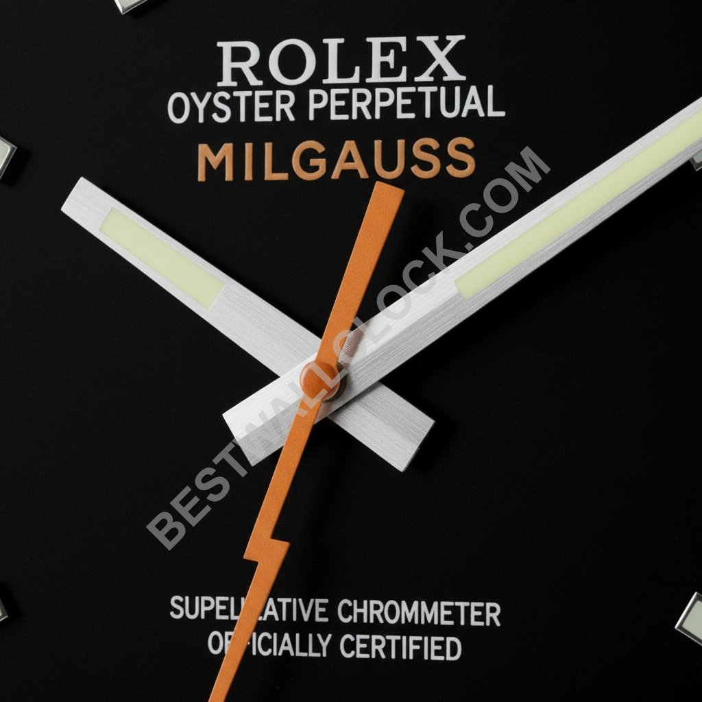 Rolex Milgauss Stijl – Dealer Display Wandklok 34cm (Zwart & Oranje Bliksem Editie) - Afbeelding 2