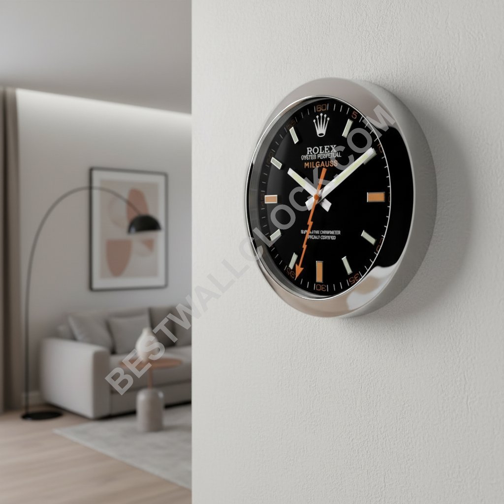 Rolex Milgauss Stijl – Dealer Display Wandklok 34cm (Zwart & Oranje Bliksem Editie) - Afbeelding 8