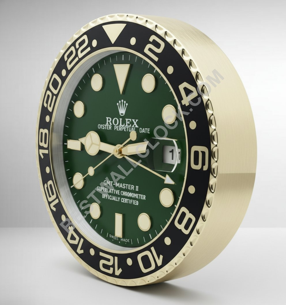 Rolex GMT-Master II Style – Dealer Display Wall Clock 34cm (Yellow Gold & Anniversary Green)