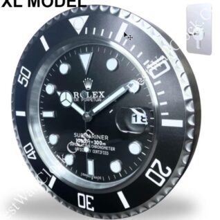XL model rolex wall clock designed as a black Submariner-style dive watch face with white hour markers and bezel numerals, including a date window at 3 o'clock, shown with wall mounting hardware.