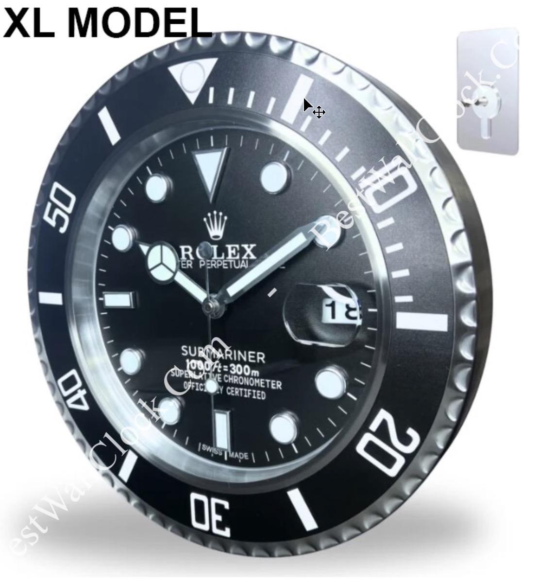 XL model rolex wall clock designed as a black Submariner-style dive watch face with white hour markers and bezel numerals, including a date window at 3 o'clock, shown with wall mounting hardware.