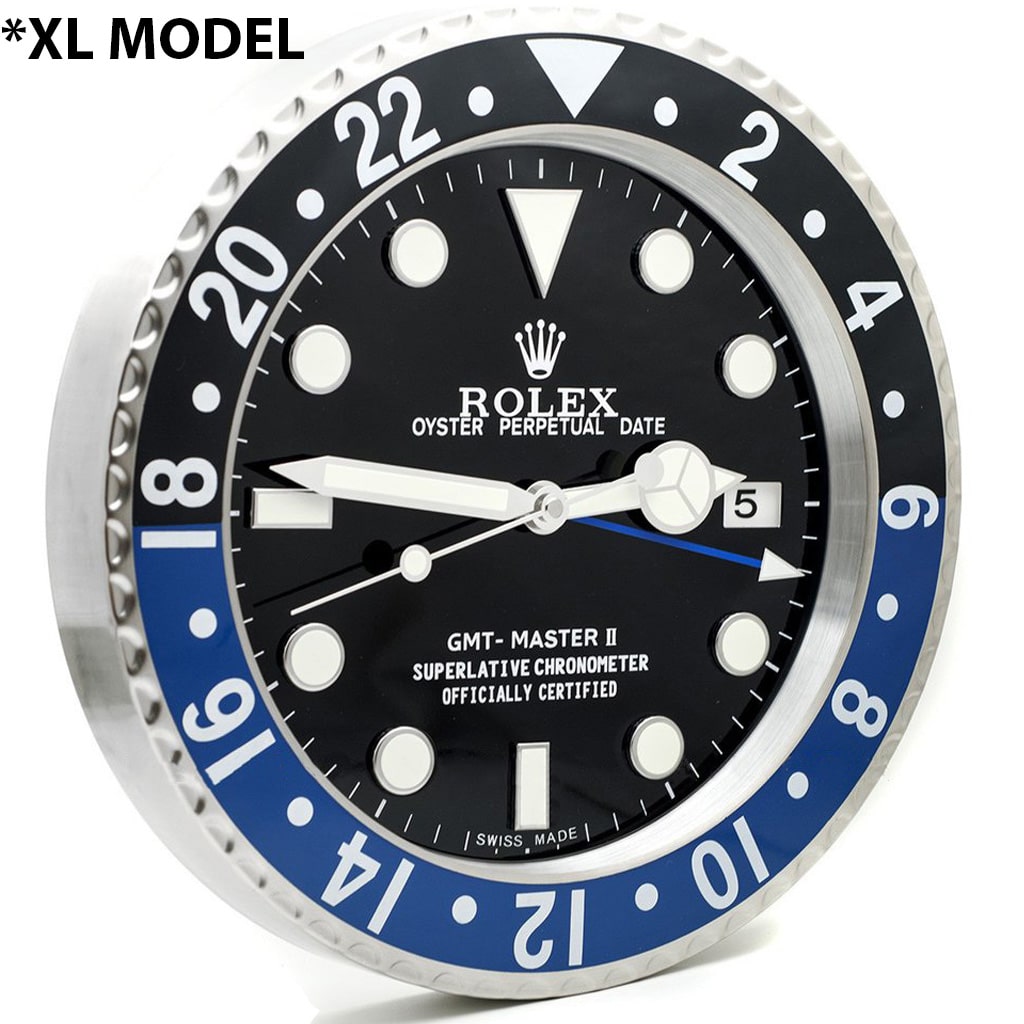 Rolex GMT-Master II wall clock with black dial, two-tone blue and black bezel, white hour markers, Mercedes hands, date display, and blue 24-hour hand with markings.