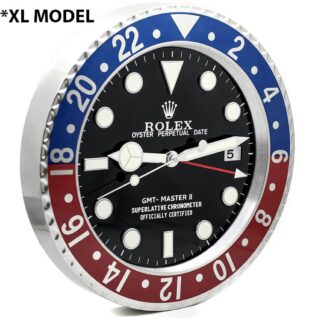 Rolex wall clock inspired by GMT-Master II watch, featuring black dial, circular hour markers, Mercedes hands, and a red and blue bezel.