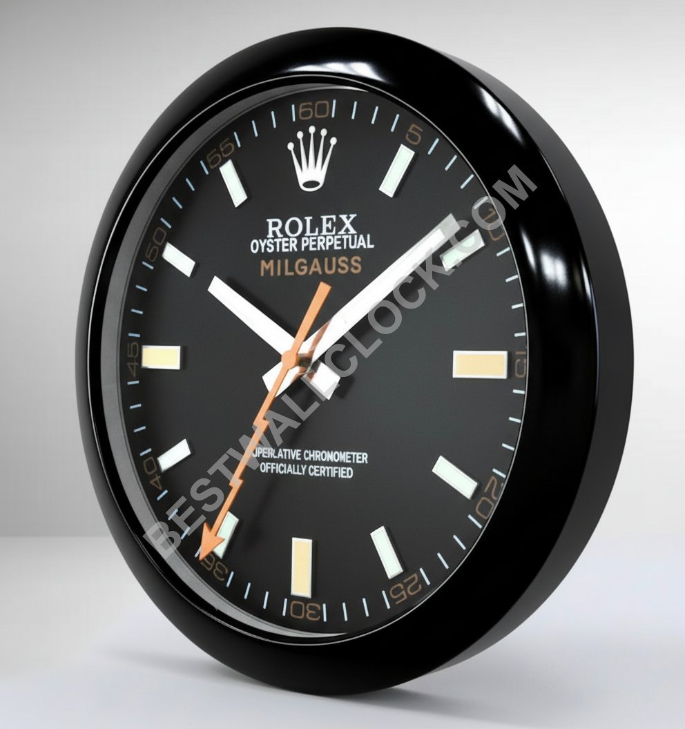 Rolex Milgauss Stijl – Dealer Display Wandklok (Obsidian Zwart Glad Zwart)