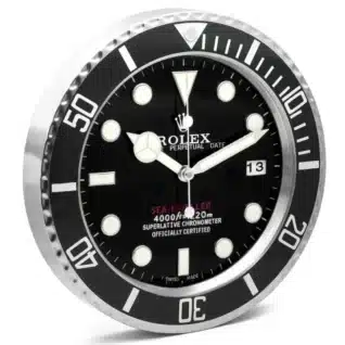 A wall clock designed like a Rolex Sea-Dweller watch, featuring a black dial, luminous markers, decorative bezel, and date display.