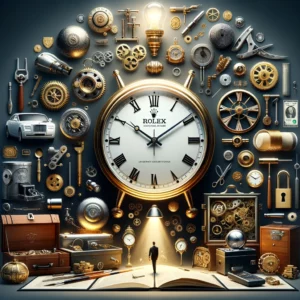 An engineering marvel, the Rolex wall clock stands proudly amidst an eclectic collection of objects.