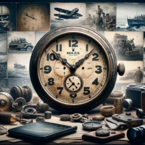 A WWII Rolex wall clock is surrounded by a variety of objects.