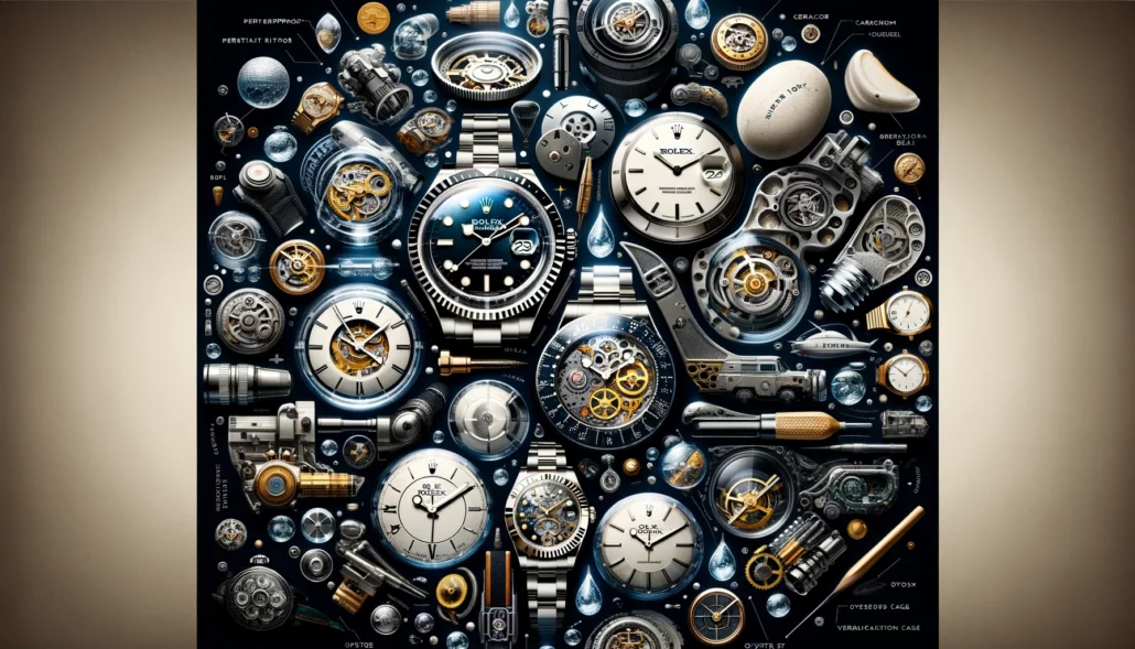 A collection of Rolex watches and innovative clocks arranged in a circle.