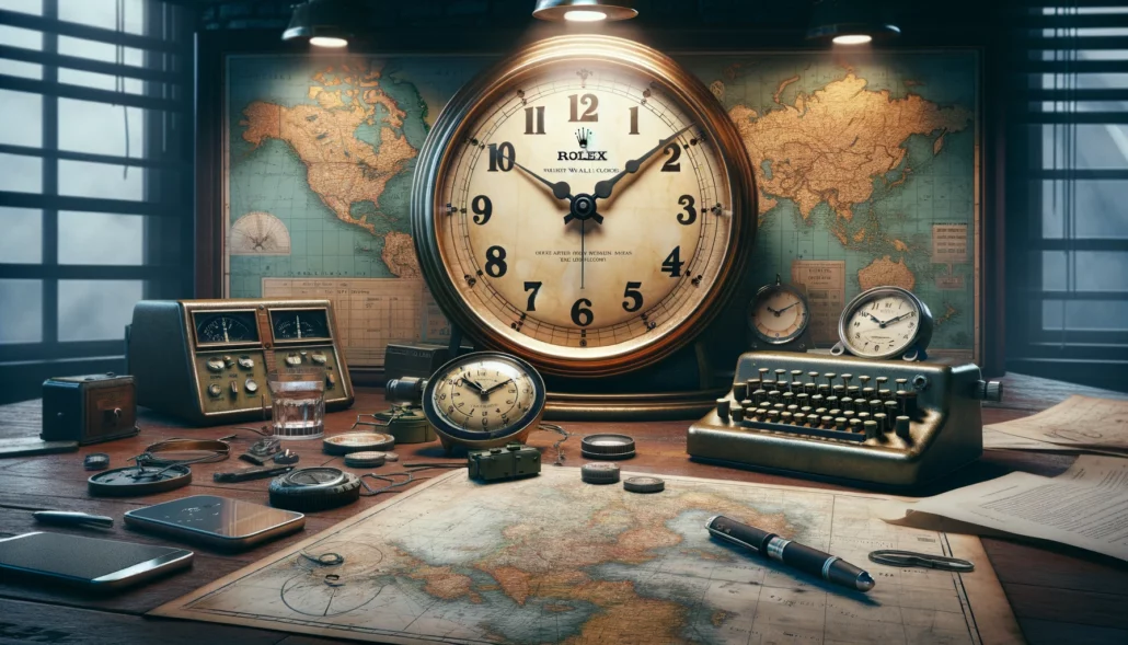 A Rolex clock sits on a desk next to a map.