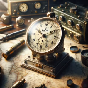 A collection of antique Rolex watches and WWII wall clocks displayed on a map.