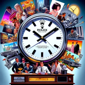 An iconic poster featuring a Rolex watch with a wall clock motif.