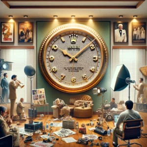 A larger-than-life Rolex wall clock commands attention as the centerpiece of the room, exuding both elegance and a touch of history.