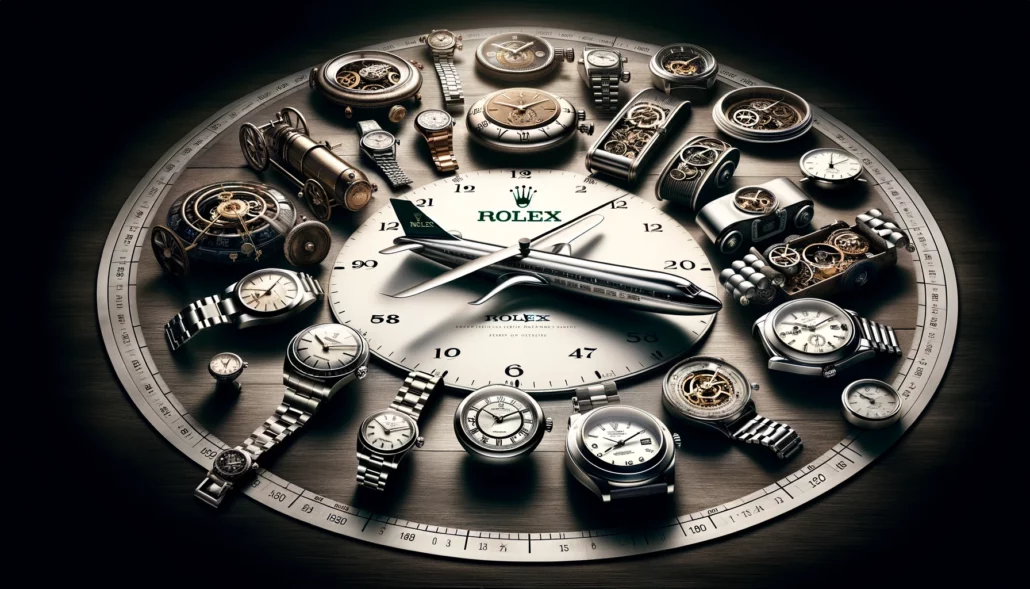 A Rolex clock with a lot of watches on it, showcasing the evolution of timepieces.