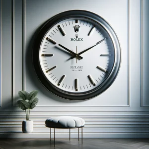 A white wall with a large Rolex wall clock.