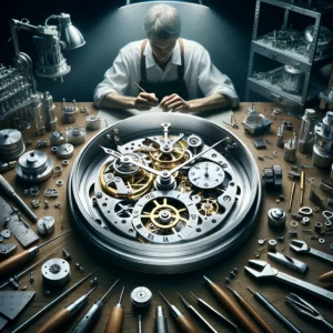 A man is working on an Unseen Collaborations watch in a workshop.