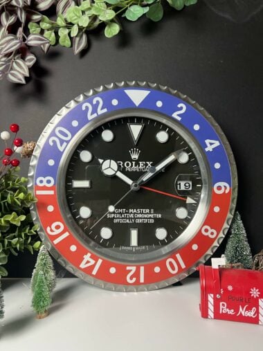 Rolex GMT-Master II-inspired wall clock with a blue and black "Pepsi" bezel design.