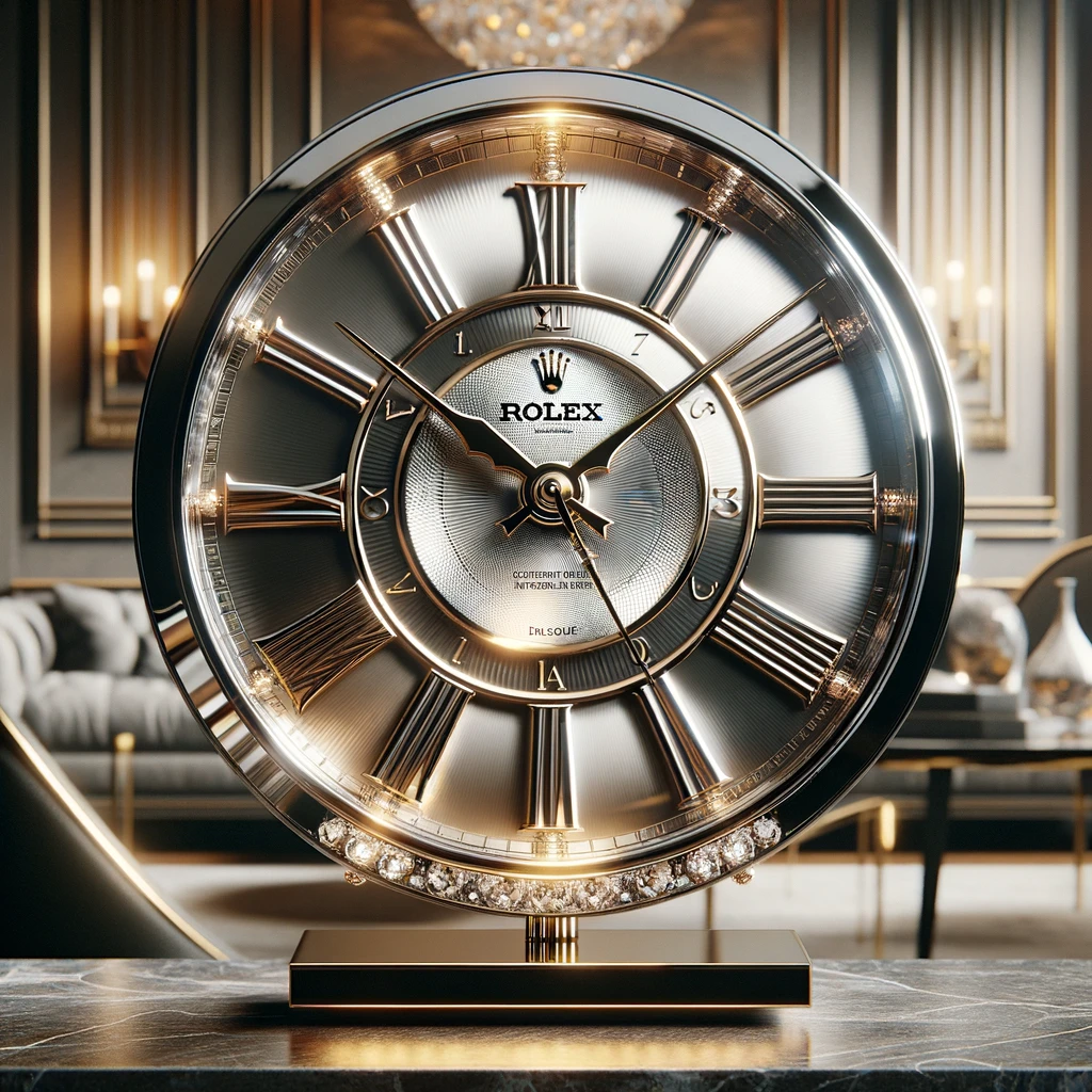 Discover the ultimate gold and silver Rolex wall clock sitting on a table in a living room.