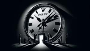 A black and white image of a Rolex wall clock with the silhouette of people.