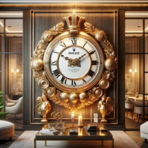 An ornate gold wall clock, reminiscent of history, adorns a living room.