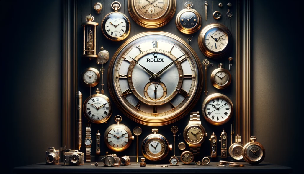 A collection of 20th Century gold Rolex wall clocks in a dark room.