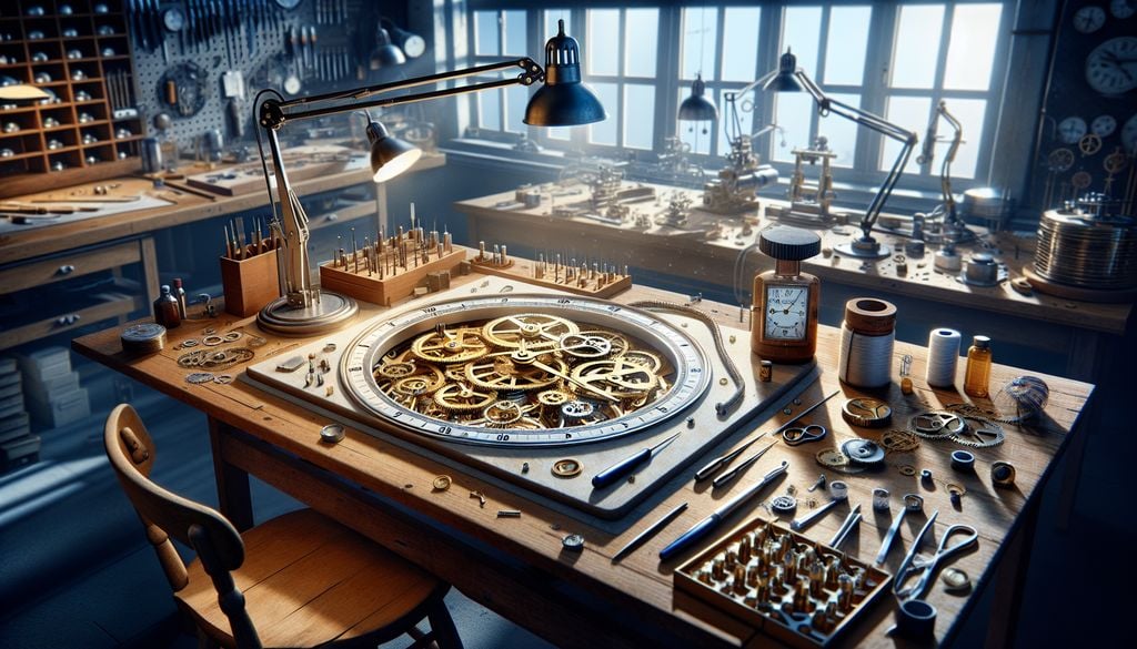 A table with a lot of tools and a clock on it.