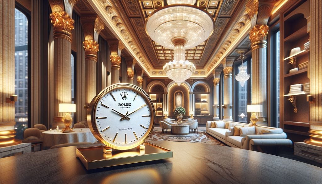 A gold clock sits on a table in an ornate room.