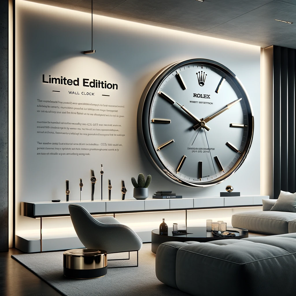 A modern living room with a large Rolex wall clock.