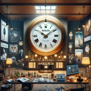 A room with a wall clock prominently displaying a Rolex advertisement.
