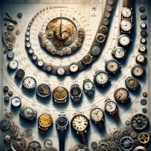 A collection of Rolex watches and wall clocks arranged in a circular pattern.