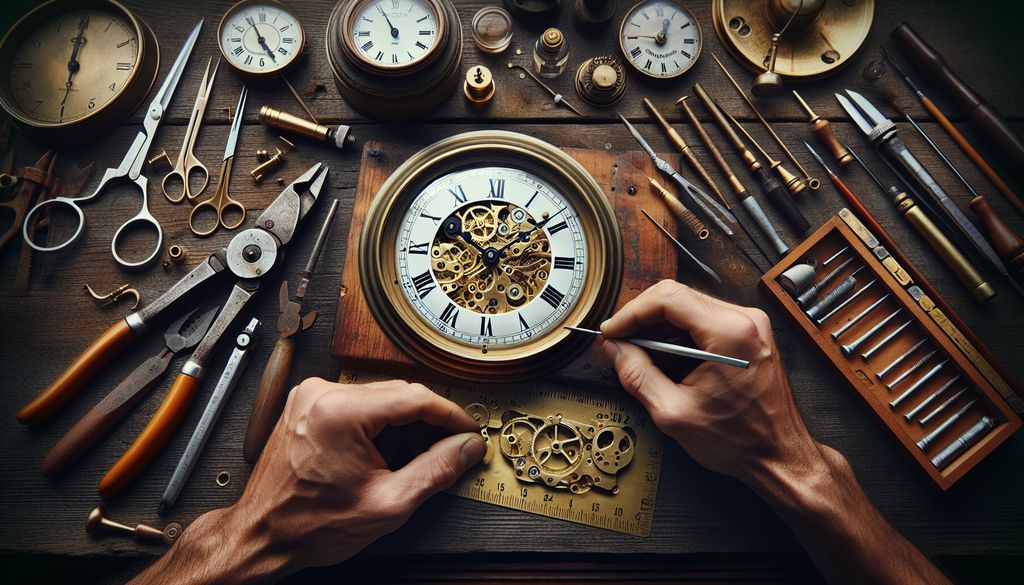Hands working on a clock on a wooden table.