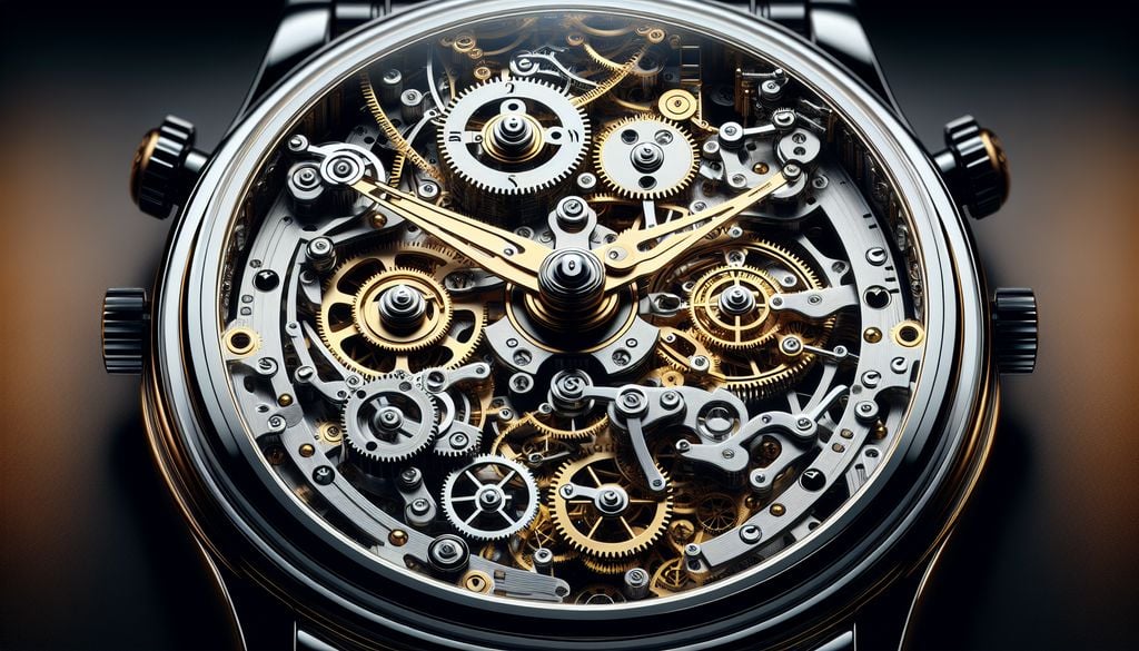 A close up of a watch with gears and gears.