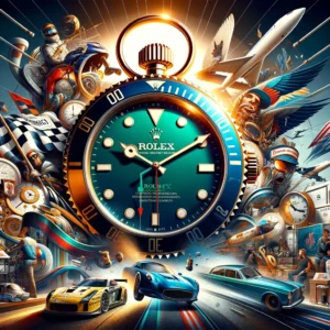 An image depicting a Rolex watch prominently displayed among a multitude of cars and people.