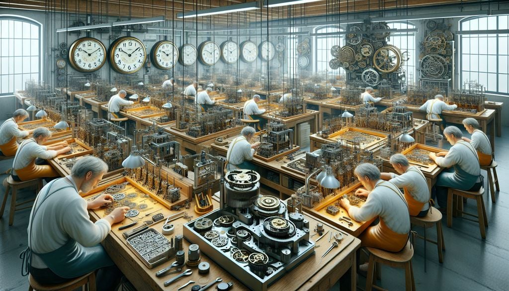 A group of men working on clocks in a factory.