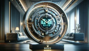 A transformation of a large clock in a modern living room into a digital era timepiece.