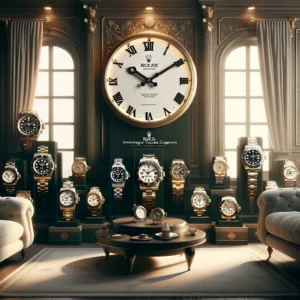 A living room featuring a magnificent display of Limited Edition Rolex Wall Clocks and rare gems.
