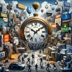 Behind the scenes of an Advertising Saga, a Rolex's Wall Clock stands in the middle of a city surrounded by people.
