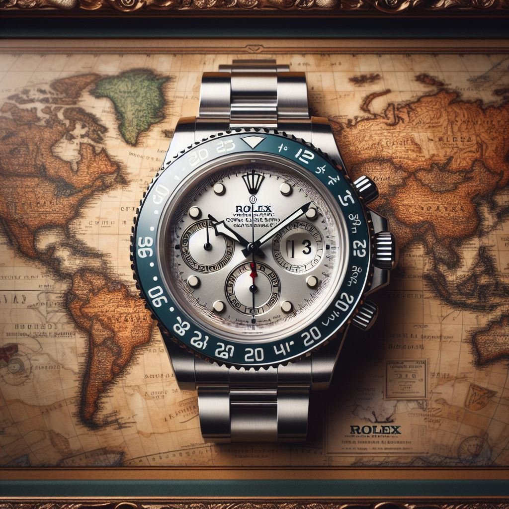 A Rolex Daytona on a world map, perfect for Rolex enthusiasts.