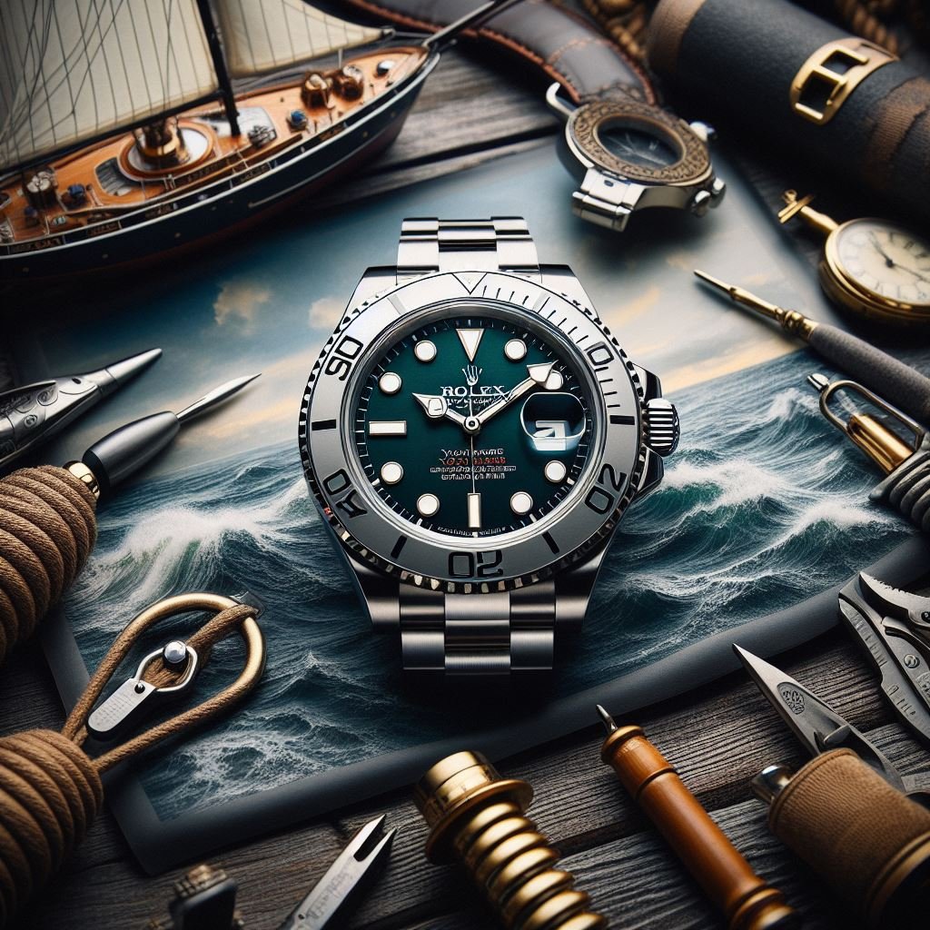 A Rolex Submariner, a luxury collector's watch, showcased amidst an array of tools and surrounded by the iconic Rolex brand.